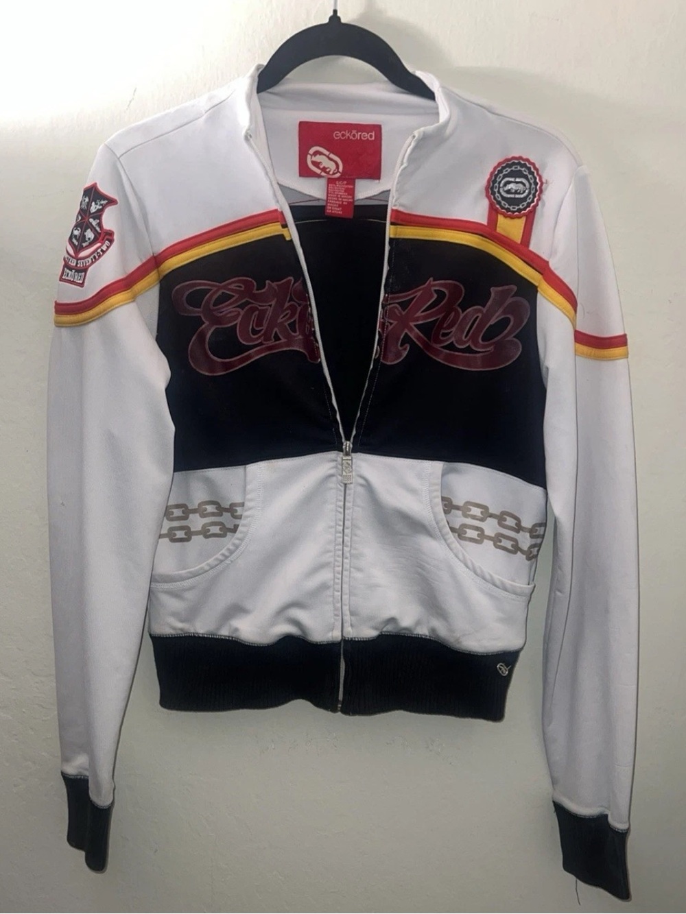 ECKORED Women's Vintage Red/Black Racecar Zip-Up Stand Collar Jacket SZ S Y2K
